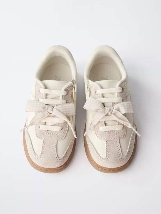 Zara Other - Zara Kids Girls Cream and Gum Sole Lace-Up Sneakers with Gingham Bow